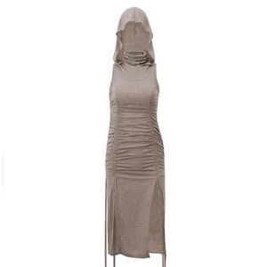Burning man maxi tan Sleeveless Dress. With a fade mask and hood